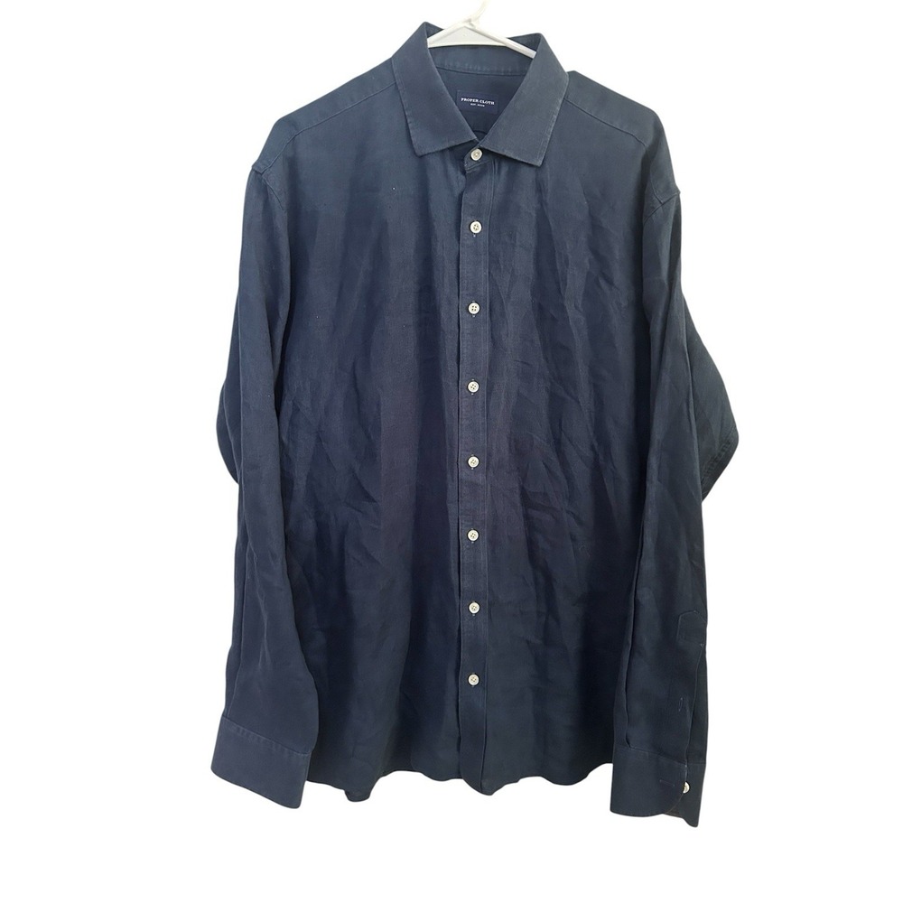 Proper Cloth Men's 100% Linen Button Up Shirt SZ L  Navy Blue Classic Preppy